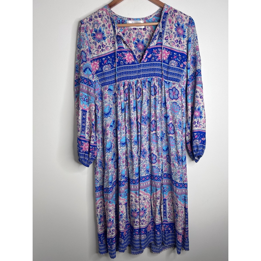 Walker & Wade Blue Pink Floral Boho Babydoll Dress XS Long Sleeve Festival Beach